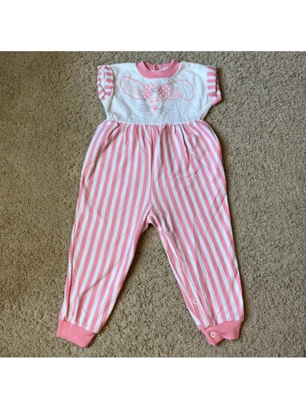 Vintage 80s Girls 24m Buster Brown Romper One Piece Pink Stripes Jumpsuit Mouse